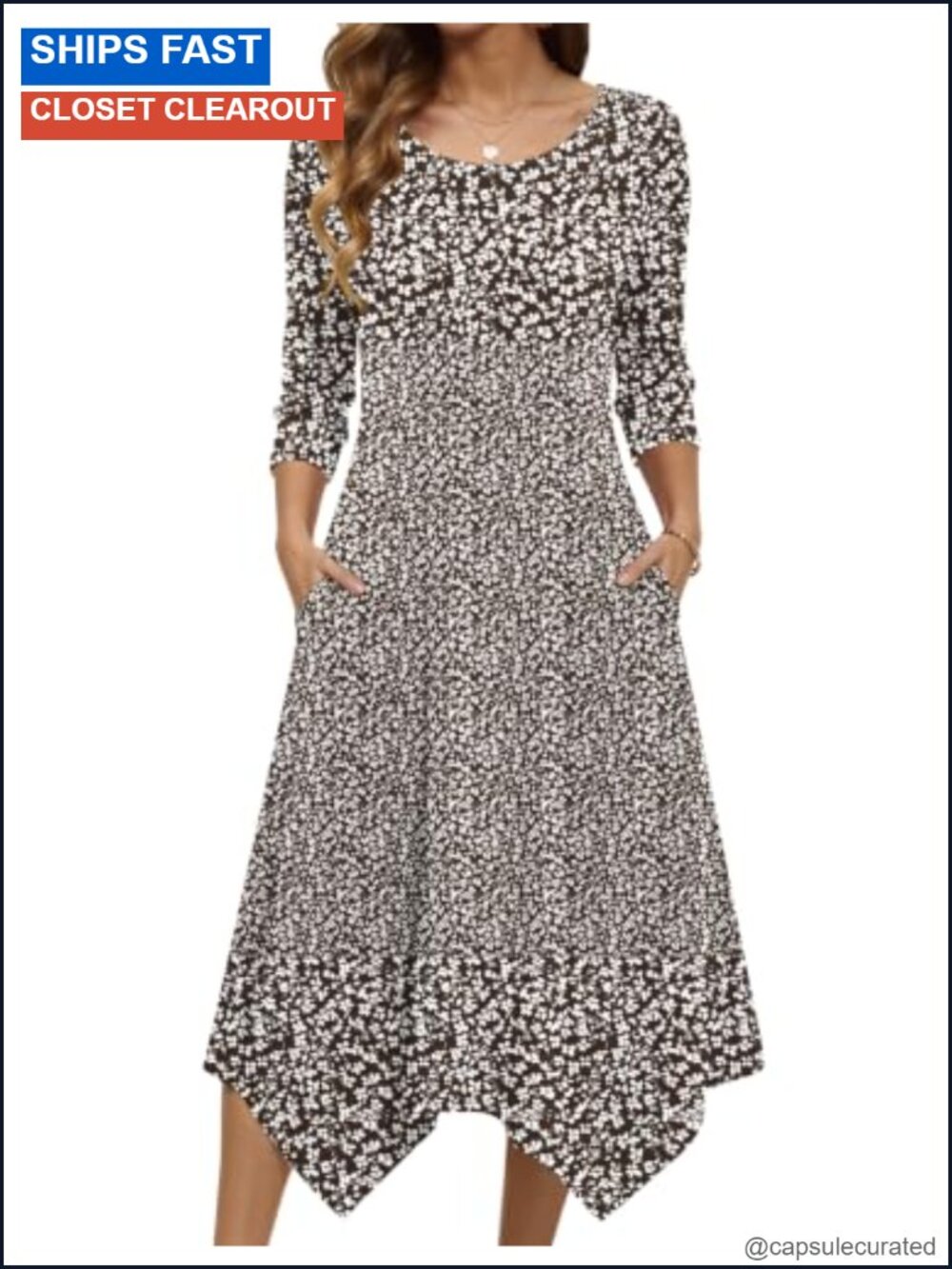 Women's Midi A-Line Dress 3/4 Sleeve with Pockets